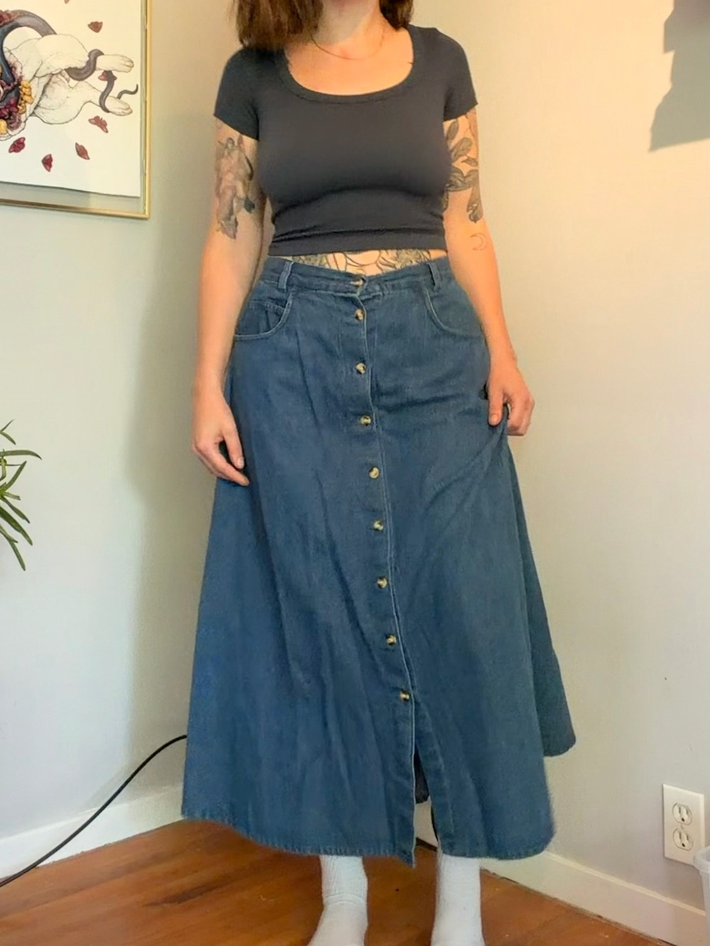 Vintage rest & relaxation Button-Front Denim Maxi Skirt in Blue